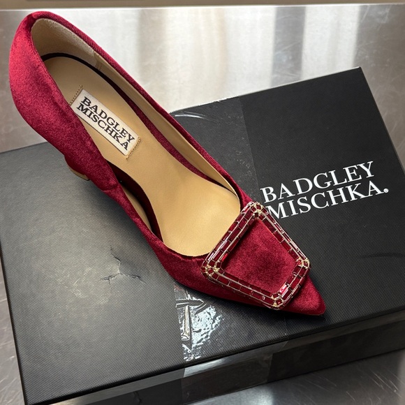 Badgley Mischka Burgundy Heels with Gold Buckle